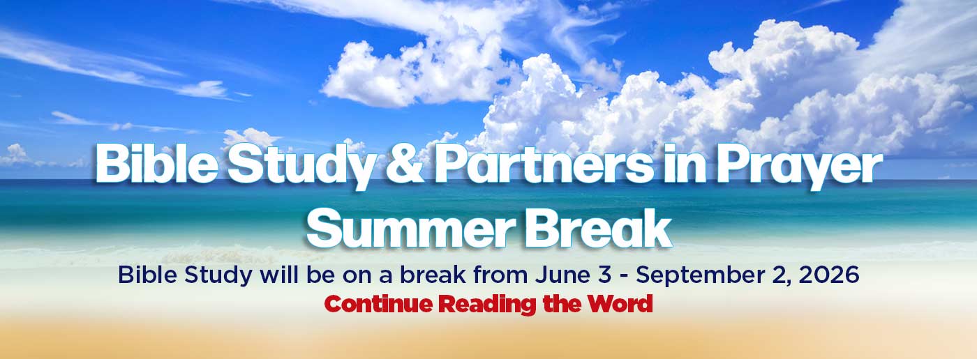 a banner with a image of the beach to announce Bible Study and Partners in Prayer on break fron June 3 to September 2nd