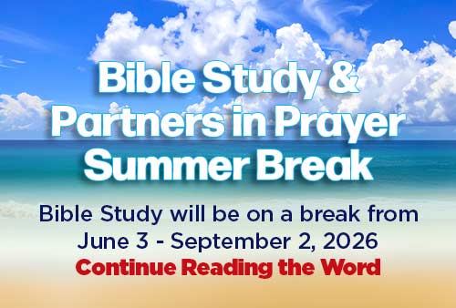 a banner with a image of the beach to announce Bible Study and Partners in Prayer on break fron June 3 to September 2nd