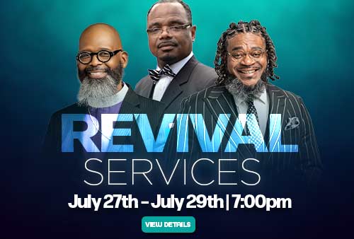 Revival services banner with a picture of the speakers. click for details