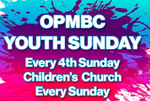 colorful advertisement for Youth Sunday that is held on 4th Sundays and Childrens Chuirch that is held every sunday